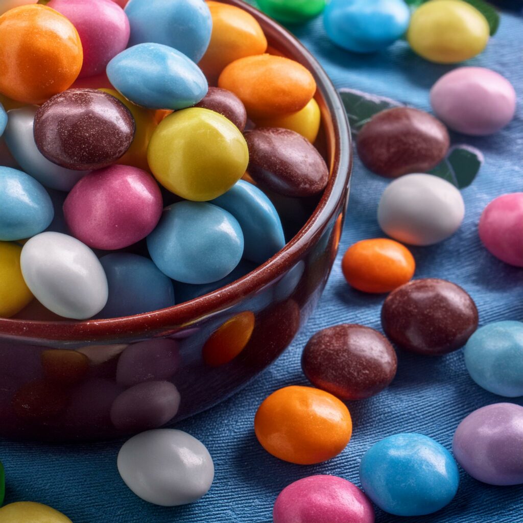 Plusieurs bonbons de plusieurs couleurs dans un bol et sur une table